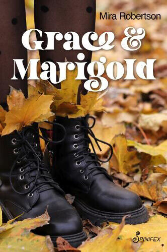 Book cover: Grace and Marigold - features a pair of black boots and autumn leaves.