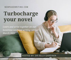 Graphic with text: Turbocharge your novel. Writing retreat: a luxurious weekend focused on fiction  March 2025