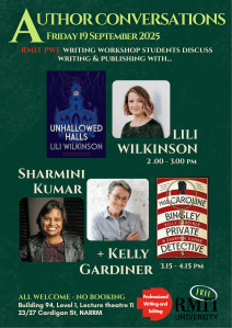 Image advertising author conversations - Lili, Sharmini and Kelly are all on 19 September at 27 Cardigan St, Carlton, 2-4.15pm